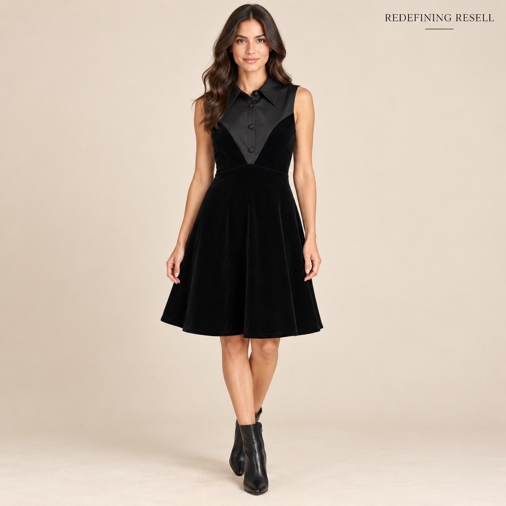 English Factory Womens Black Velvet Satin Collar Sleeveless Mini Dress Size M